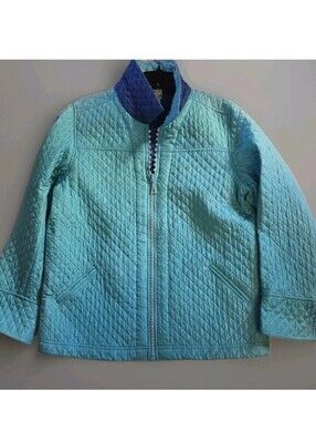 Quacker Factory Size L  Aqua/Royal Blue Quilted 100% Silk Jacket Rhinestone Zip